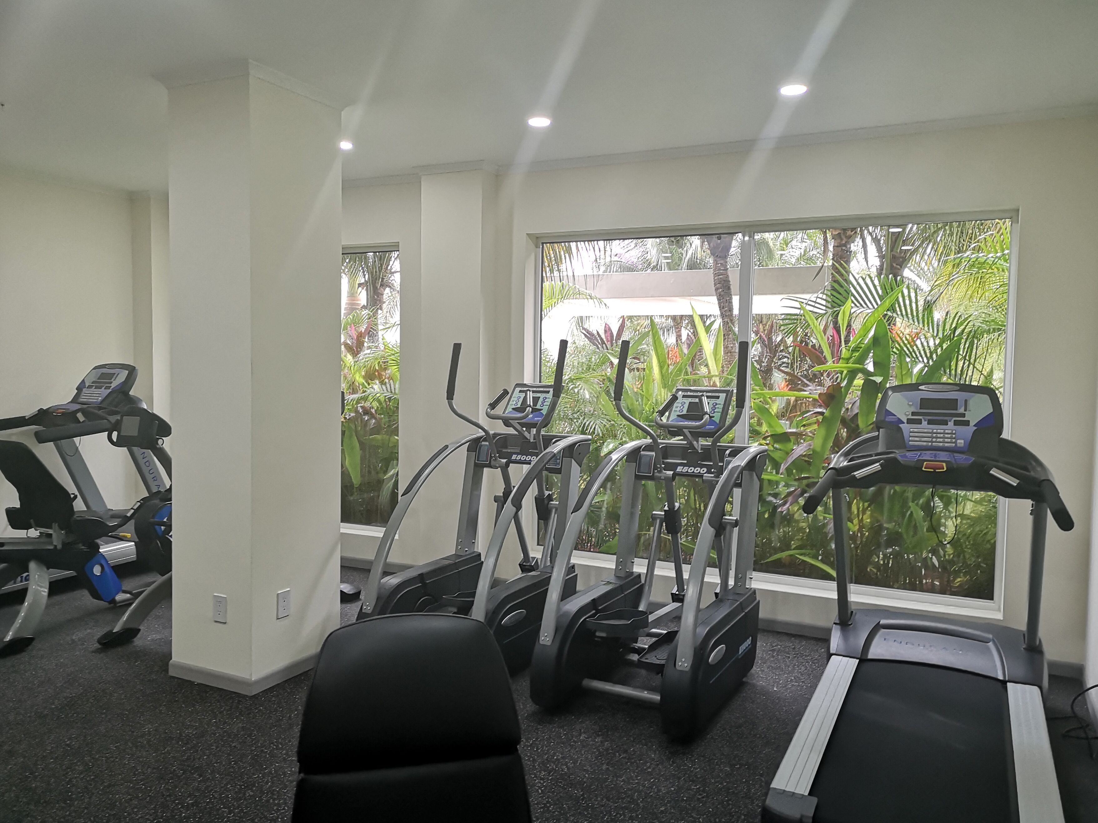 A gym with treadmills, ellipticals, and a stationary bike.