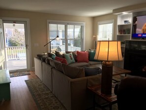 Smart TV, fireplace, books