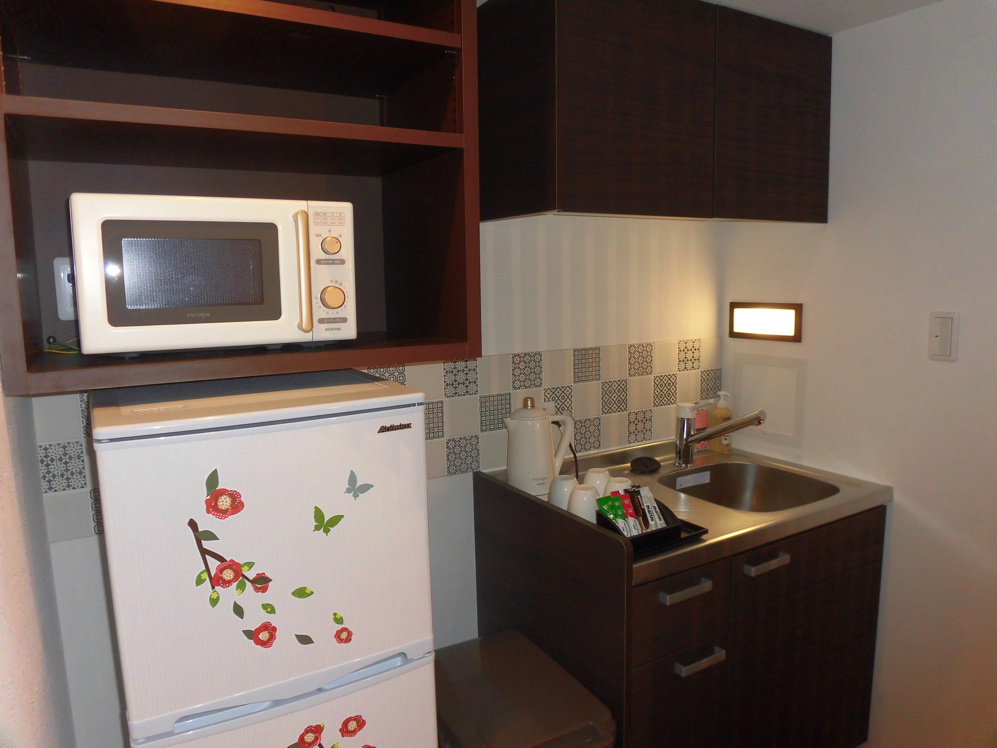 fridge, microwave, electric kettle