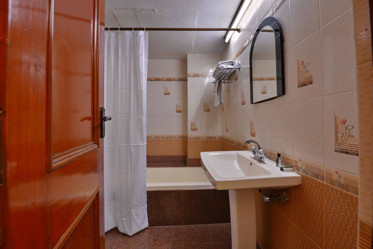 Un baño con lavamanos, espejo y cortina de ducha.