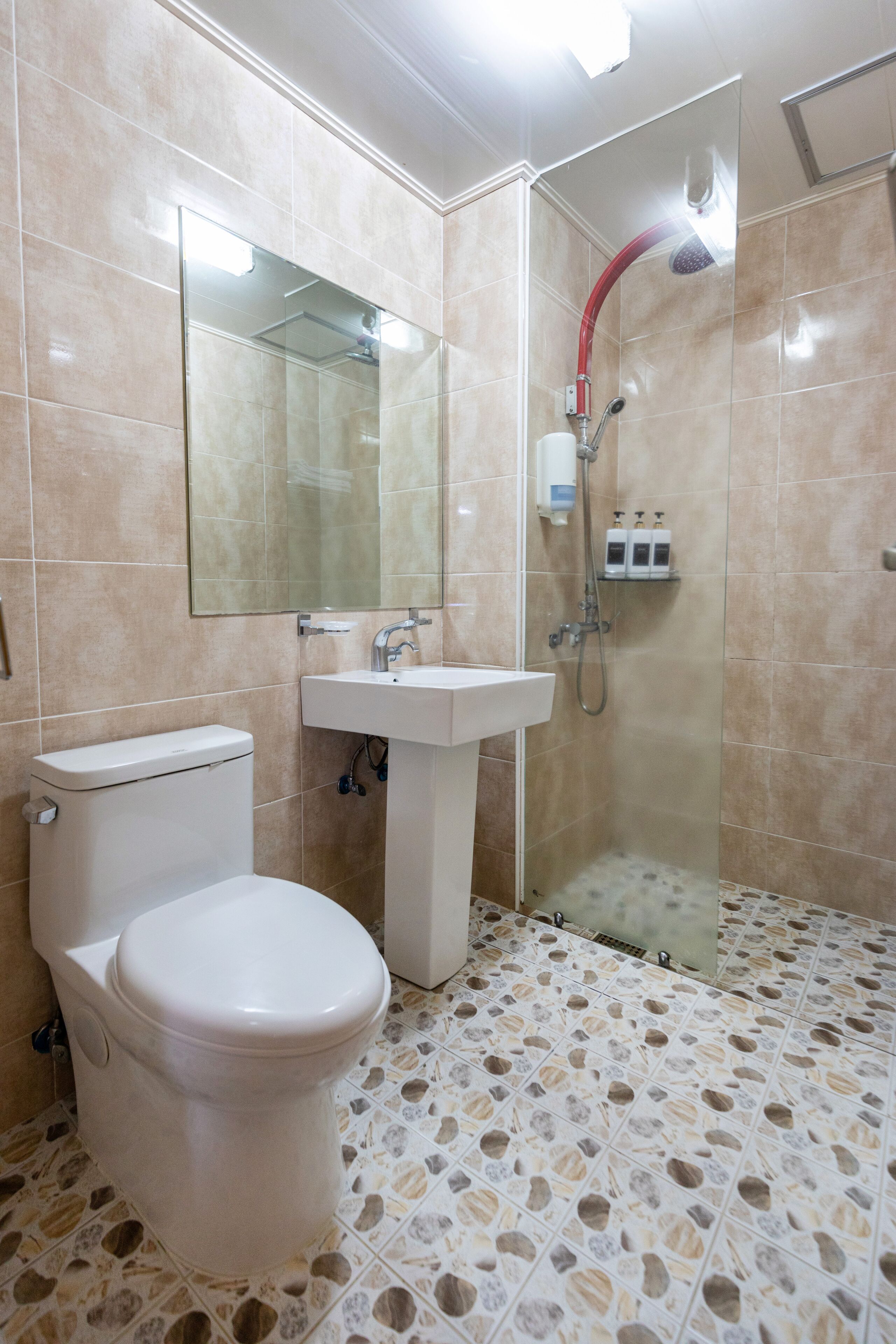 A bathroom with a toilet, sink, and shower.