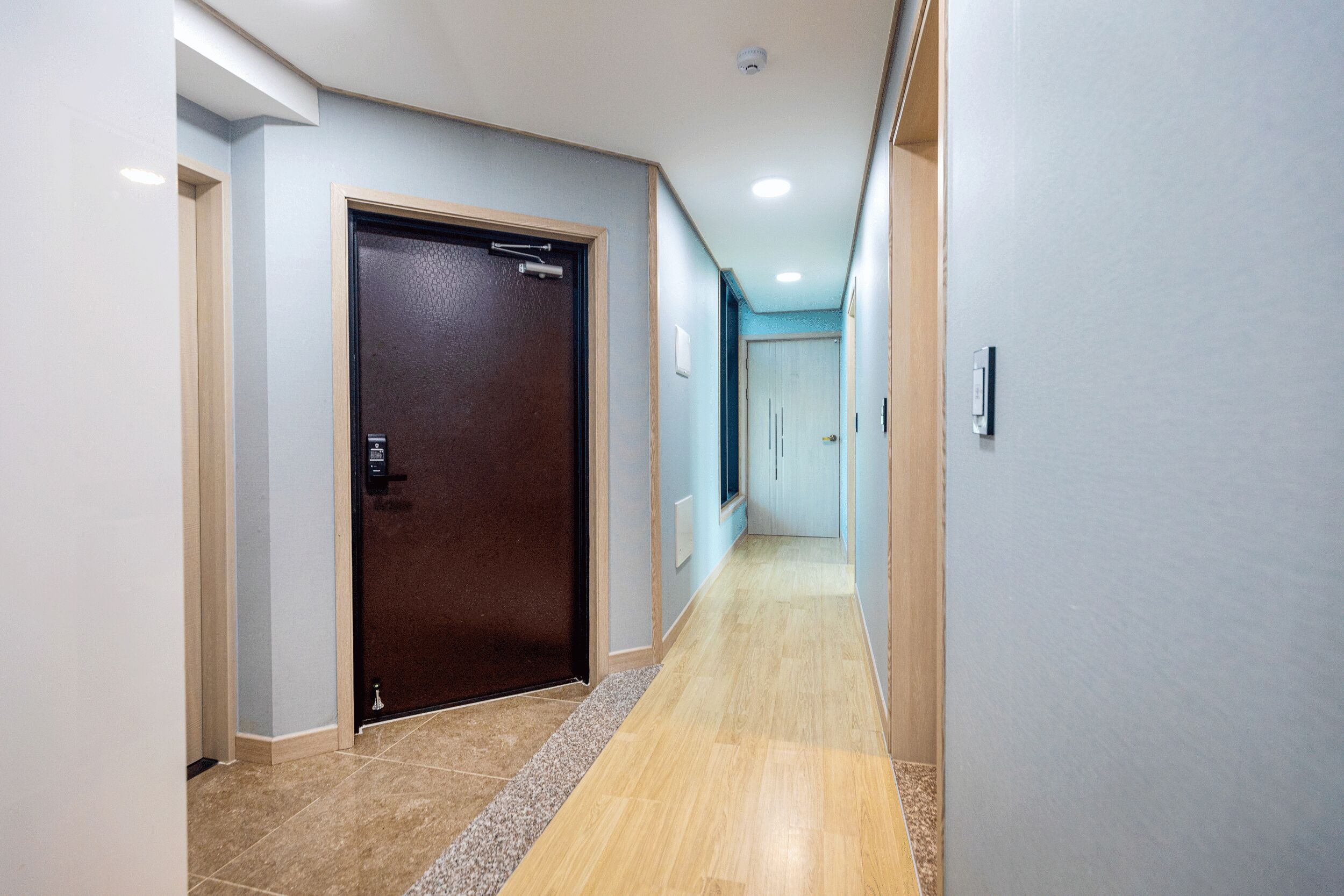 A hallway with a wooden floor, a brown door, and light blue walls.