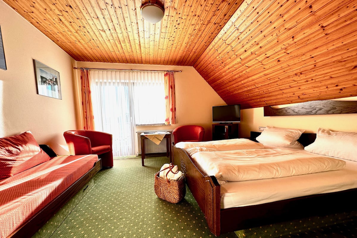 A room with a bed, a sofa, a chair, a television, and a window with curtains.