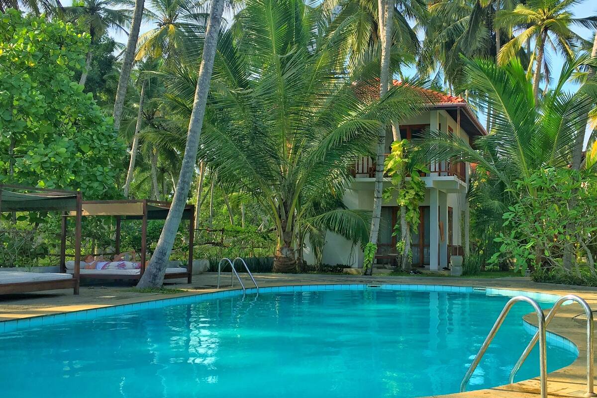 A swimming pool surrounded by lush greenery and palm trees, with a wooden deck and a covered seating area.