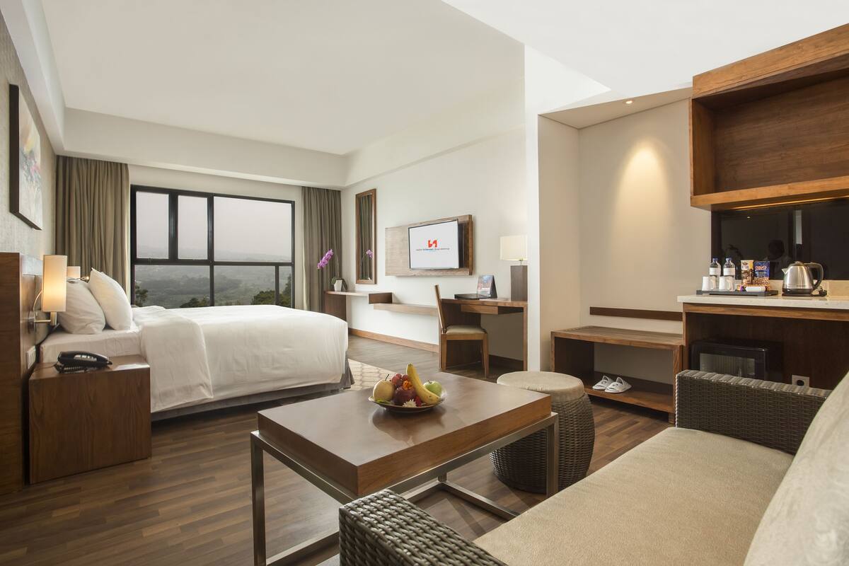 Habitación de hotel con cama, escritorio, mesa de comedor con fruta, televisor y vistas a la ciudad.