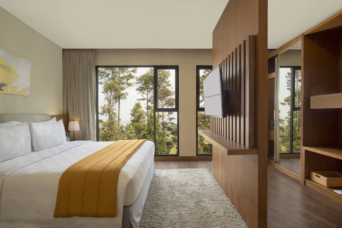 Habitación de hotel moderna con una cama grande, televisión, armario de madera y vistas a árboles a través de amplias ventanas.