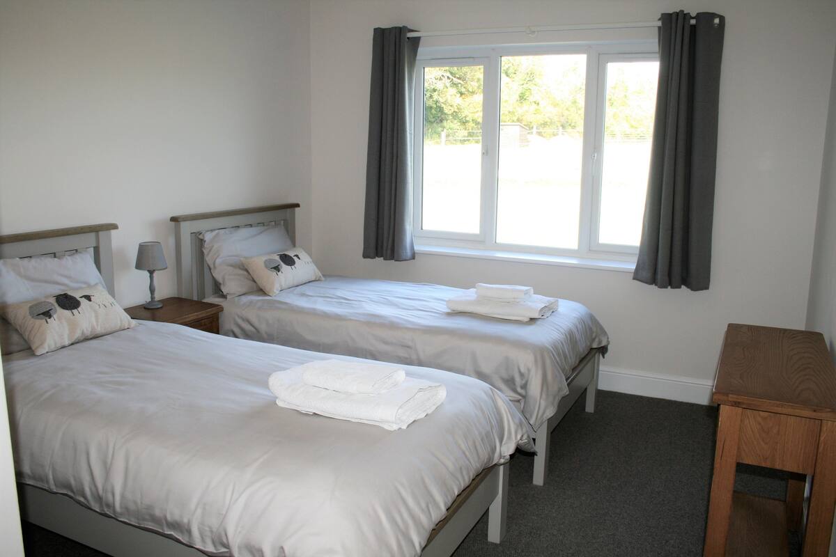 Un dormitorio con dos camas, una ventana con cortinas y una pequeña mesa de madera.