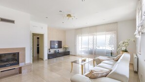 Een moderne woonkamer met een open haard, een zithoek, een salontafel en een televisie.