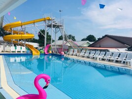 Outdoor pool, open 8:00 AM to 8:00 PM, sun loungers