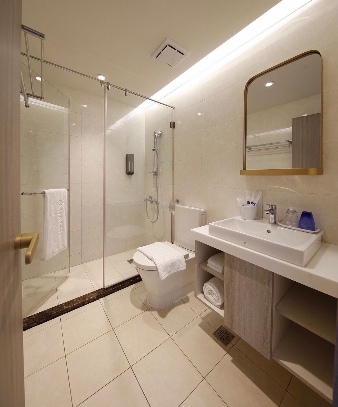 A modern bathroom with a glass-enclosed shower, a toilet, and a sink with a mirror above it.