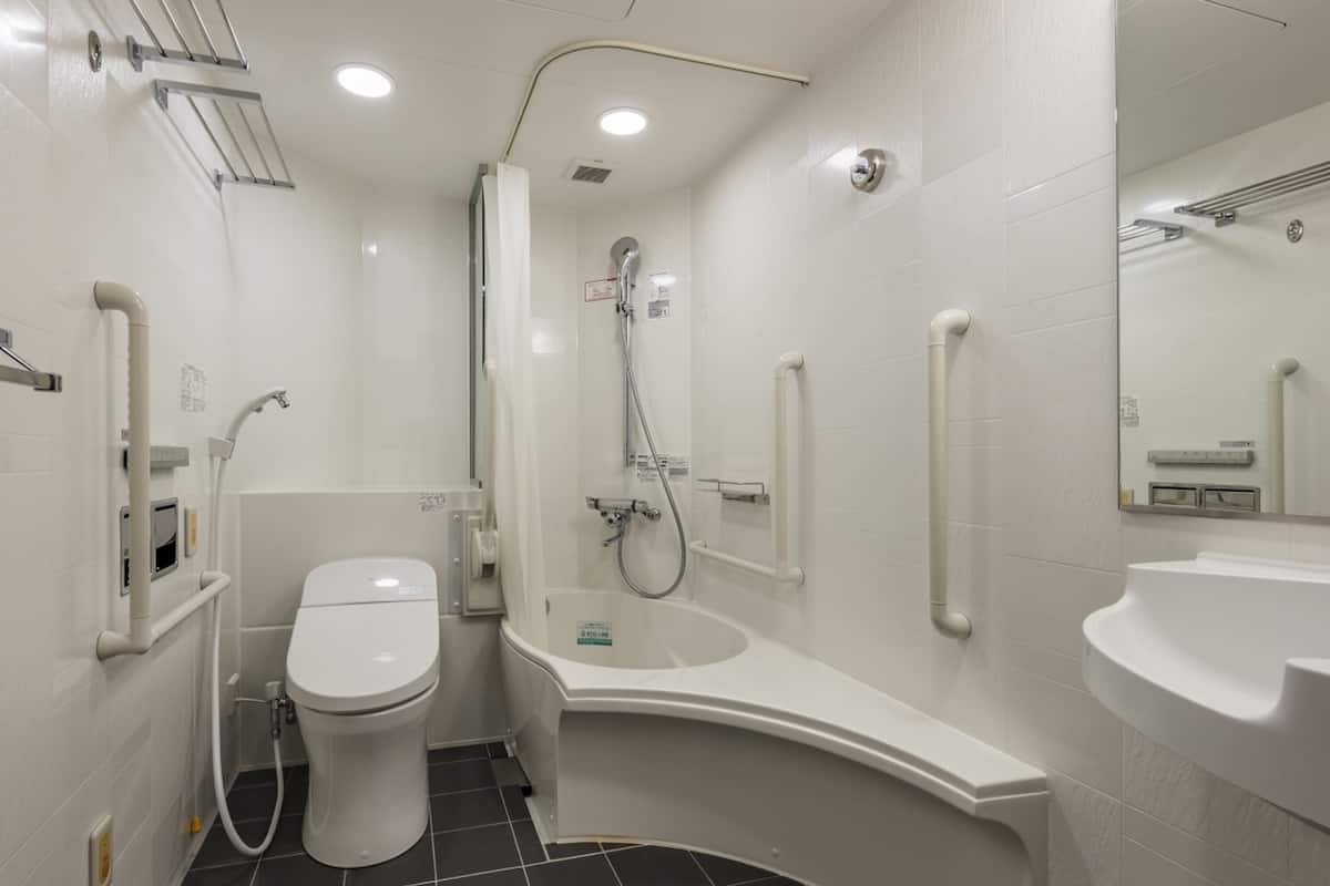 combined shower/bathtub, free toiletries, hair dryer, slippers