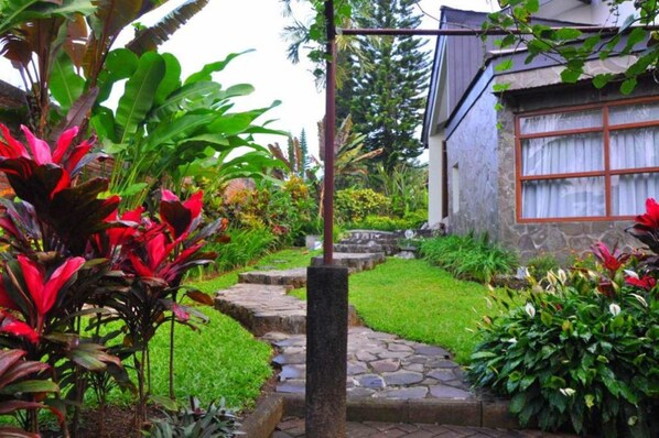 A garden pathway leading to a house with a stone wall and a window with curtains. - Villa 4-BR Klub Bunga No. 8 Batu Malang (Batu)
