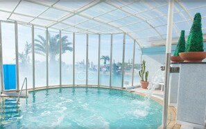Ein Poolbereich mit Glasveranda, Wasserspiel und Topfpflanzen.