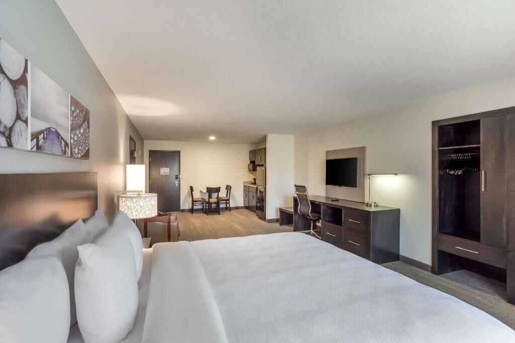 Premium bedding, desk, laptop workspace, blackout drapes