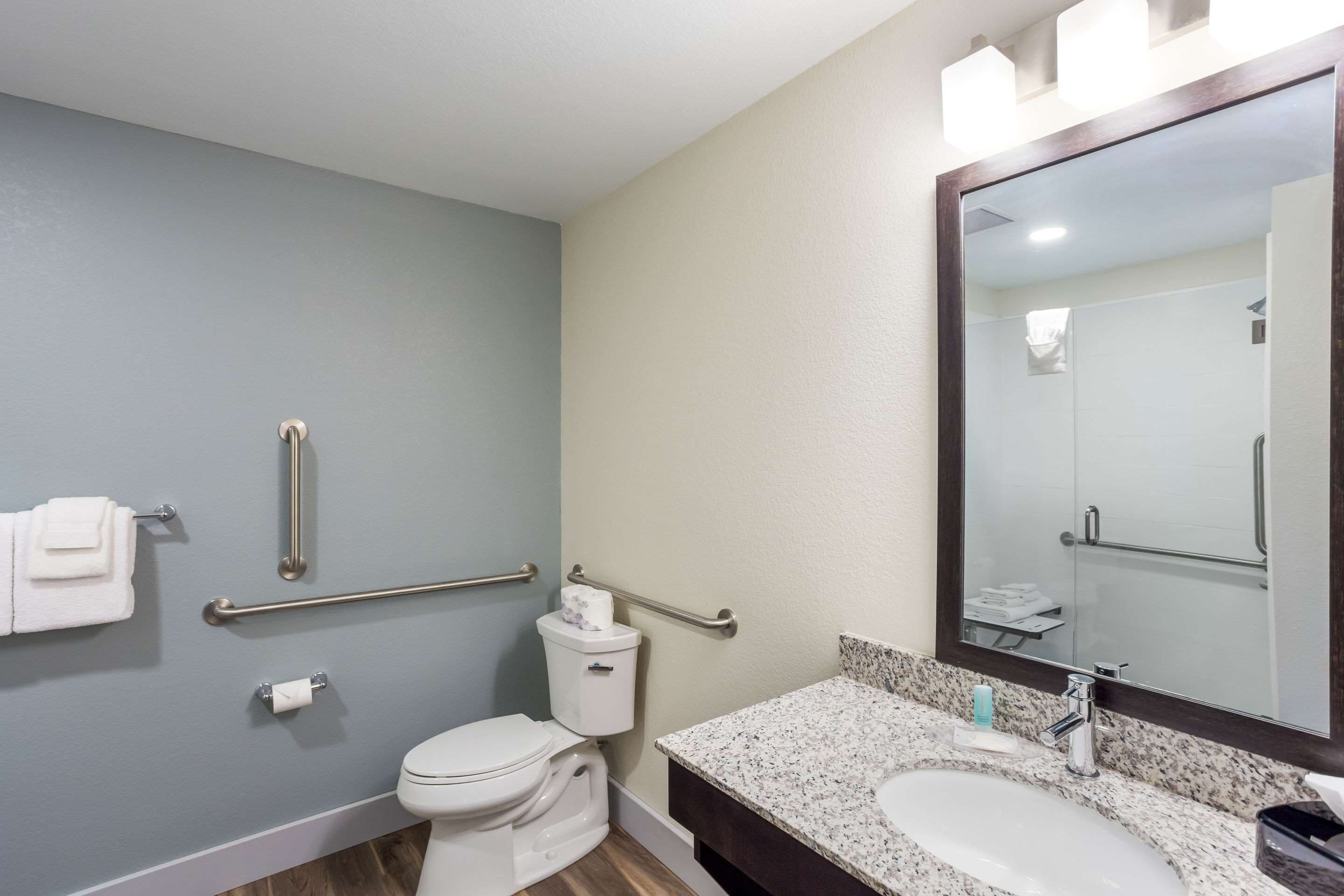 suite, 1 king bed, accessible, non smoking | bathroom | rainfall showerhead, free toiletries, hair dryer, towels