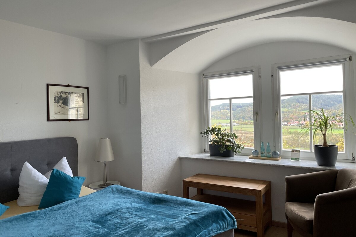 A bedroom with a bed, a chair, a bench, a desk, a lamp, a window with a view, and a framed picture on the wall.