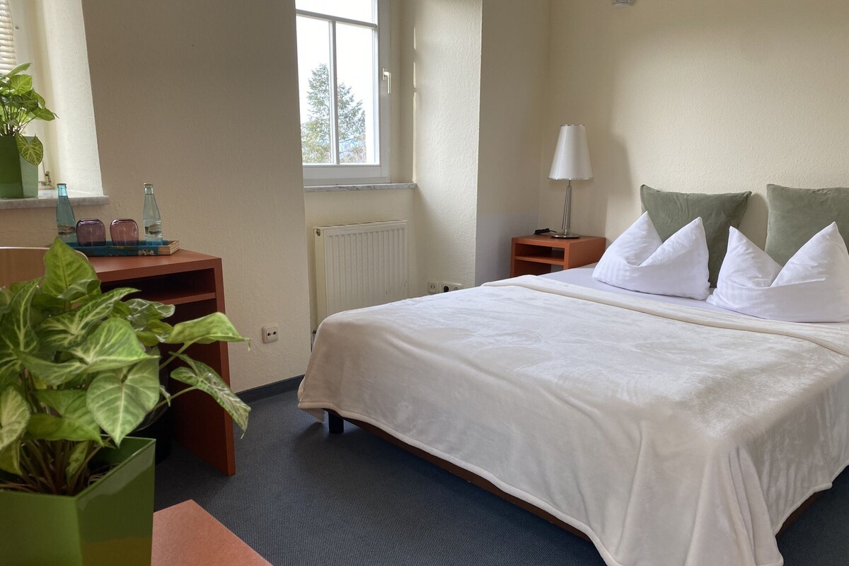 A hotel room with a bed, a desk with a plant, a lamp, and a window with a view of trees.