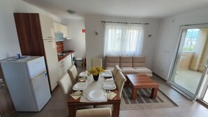 Espaço compacto com área de refeições, cozinha compacta e sofá.