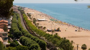 A coastal view with a beach, palm trees, and a row of buildings along the shore. - Camping El Far (Calella)