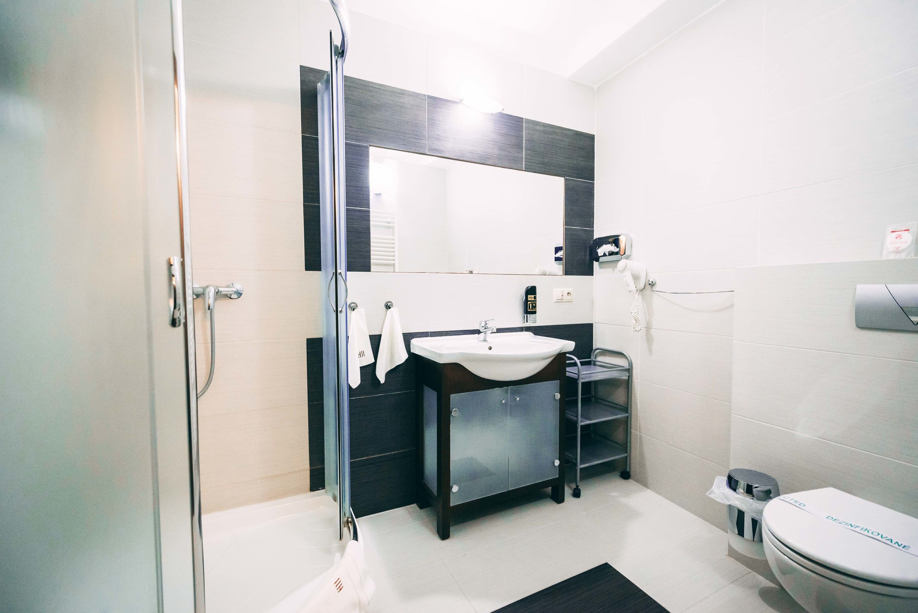 A modern bathroom with a glass shower enclosure, a sink with a mirror above, and a toilet.
