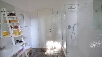 A bathroom with a shower, a sink, and a mirror.