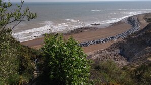 A coastal landscape with a rocky beach, vegetation, and a clear view of the ocean. - Stream House Luxury B&B (Hastings)