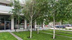 A modern building with a restaurant named 'Bistro Odolany' and a well-maintained grassy area with trees.