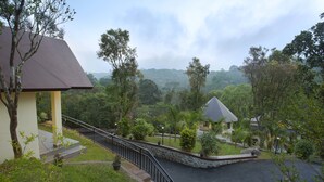 A residential area with a paved driveway, a stone retaining wall, and a small bridge over a water feature. - Spices Lap Thekkady (Udumbanchola)
