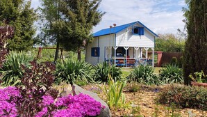 A white house with a blue roof, surrounded by a garden with various plants and flowers. - karsibor.de (Swinoujscie)
