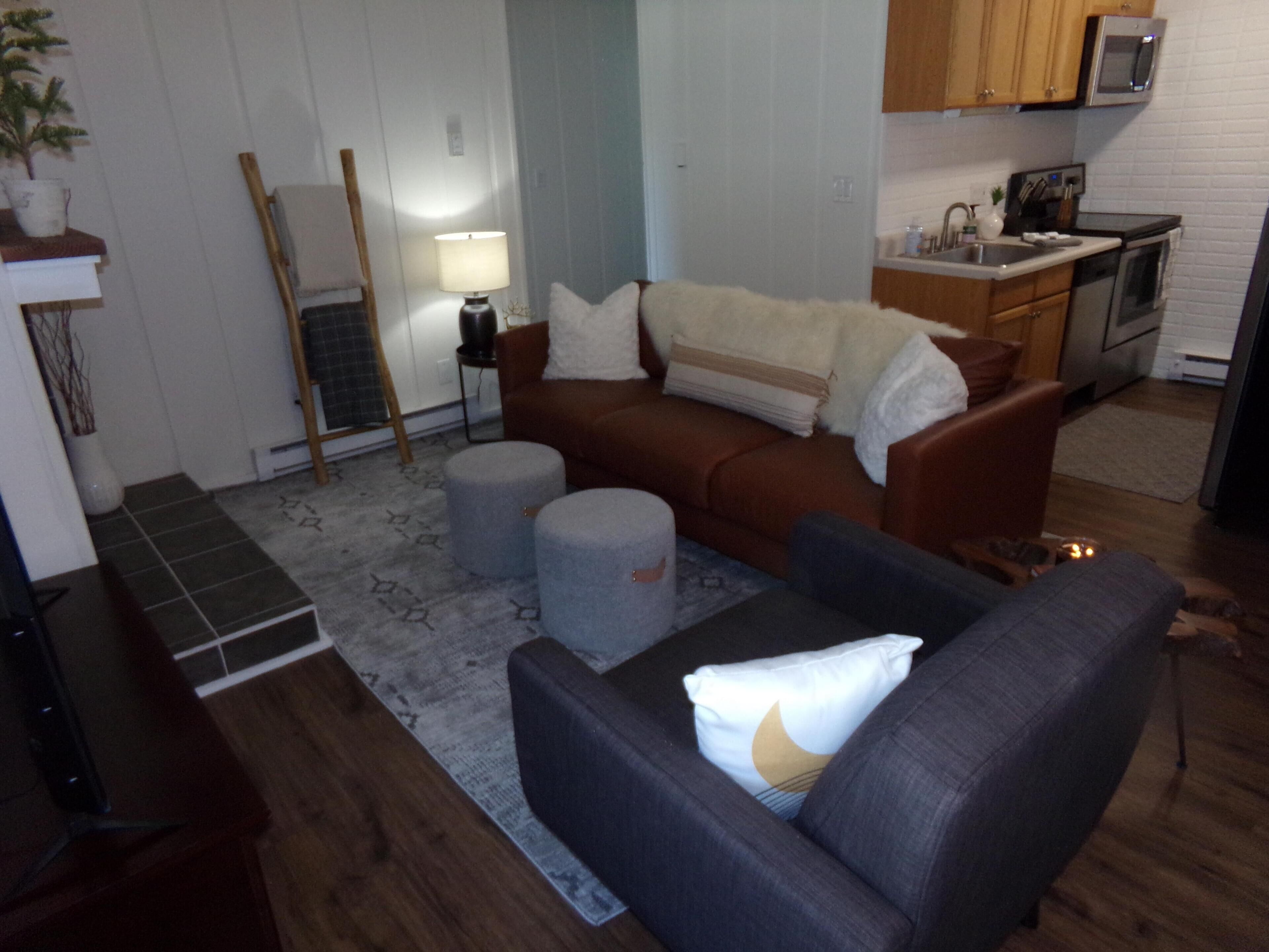A living room with a sofa, ottomans, a lamp, and a kitchen area with cabinets and appliances.
