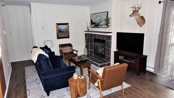 Flat-screen TV, fireplace