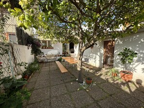 Ein Patio mit einem Holztisch und -stühlen, umgeben von Kübelpflanzen und einer weißen Wand.