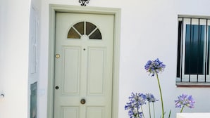 Eine hellgrüne Tür mit kleinem Fenster, eine Wandleuchte darüber und ein Blumentopf mit blauen Blüten rechts davon.