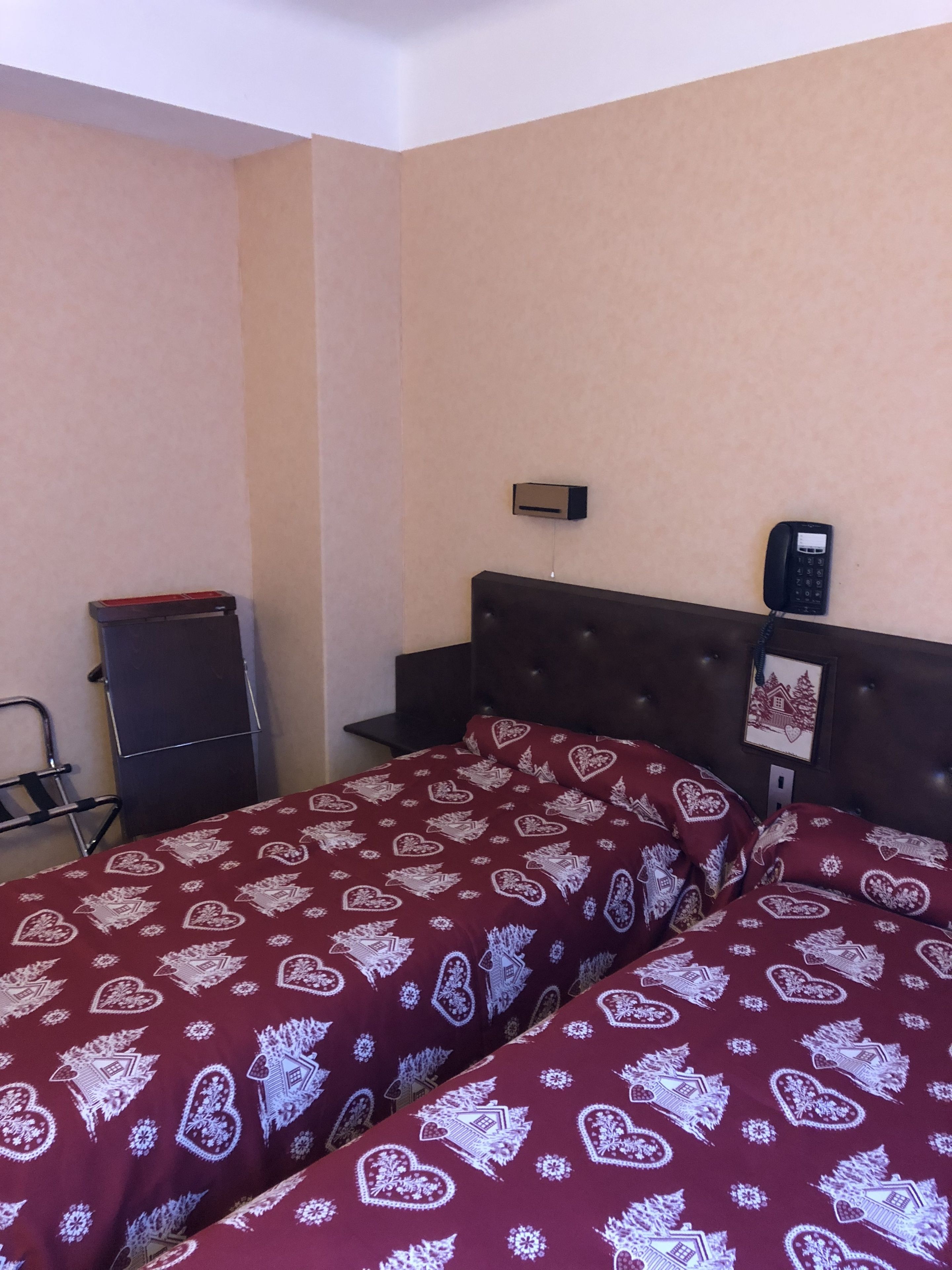 A room with two beds, a desk, a telephone, and a picture on the wall.