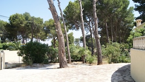 A paved courtyard with tall trees and a stone wall. - 0538 Villa Efaistos en el Montgo (Denia)