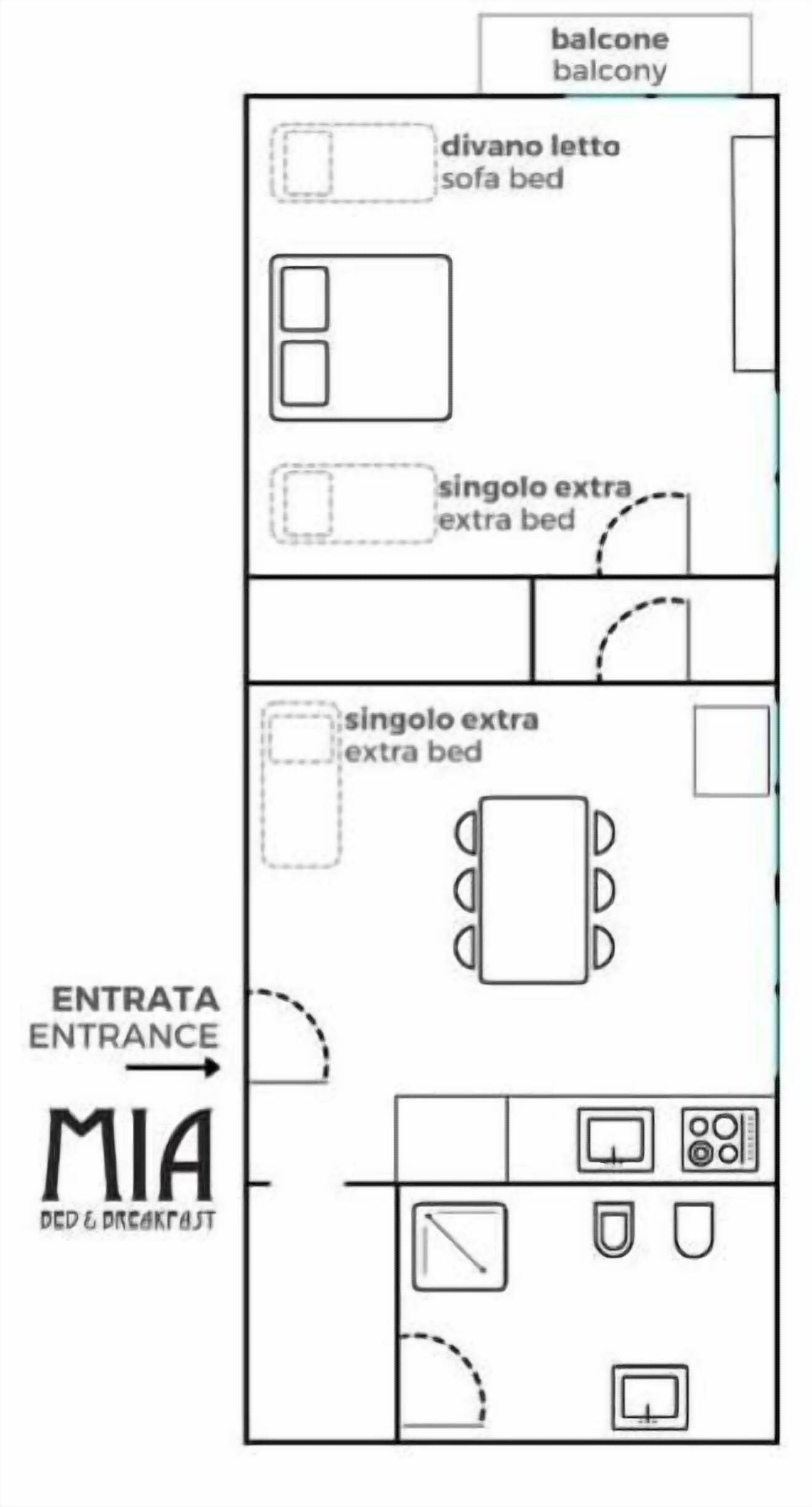 Ein Hotelzimmer mit Balkon, Schlafsofa, Zustellbett und Küchenzeile.
