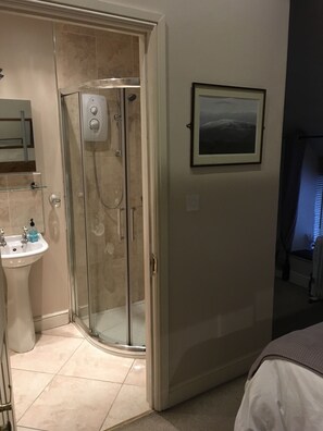Een badkamer met een douche met glazen wand, een wastafel op een voetstuk en een ingelijst kunstwerk aan de muur.
