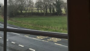 A view through a window with a road and a grassy field with trees. - The Tanners Arms (Brecon)