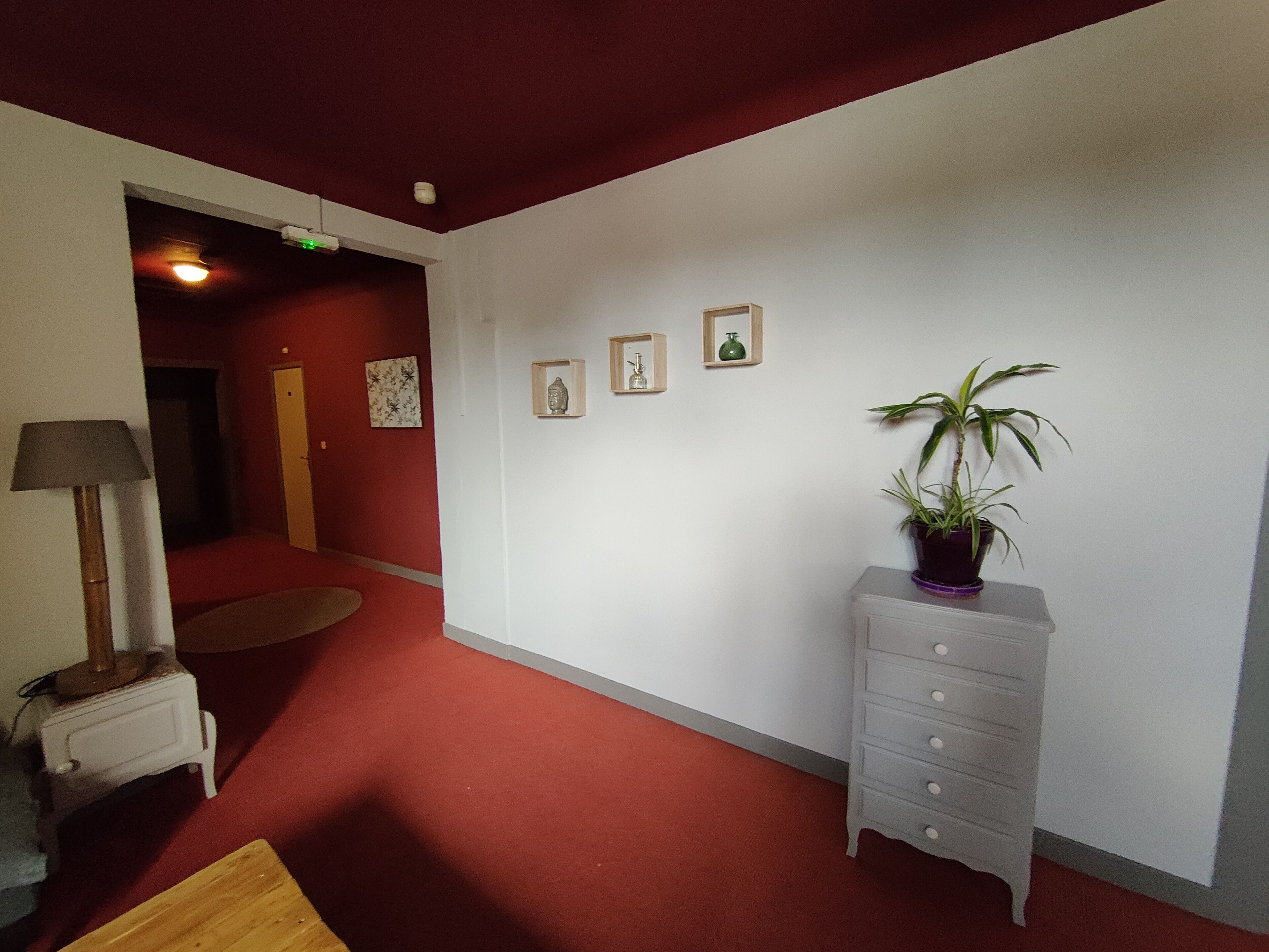 A hallway with a red carpet, a white wall with three framed pictures, a white dresser with a potted plant, and a lamp on a small table.
