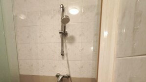 A shower area with a glass door, a showerhead, and a handheld shower attachment. - Le Bon Geours (Saint-Geours-de-Maremne)