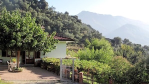 Ein kleines Haus mit Ziegeldach, umgeben von üppiger Vegetation und Bergen im Hintergrund.