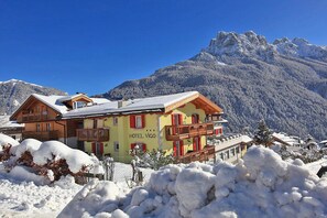 A hotel with a wooden facade, balconies, and a mountain backdrop. - Hotel Vigo (San Giovanni di Fassa)