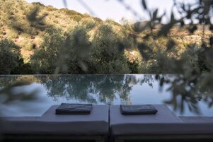 Una piscina al aire libre, sombrillas, sillones reclinables de piscina