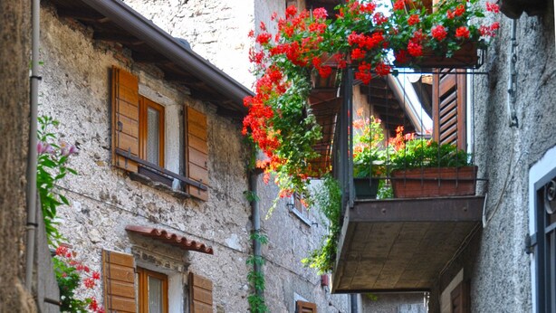 A narrow street with buildings on either side, featuring balconies with wooden shutters and potted plants. - Casa del Borgo Maria Luisa (Tremosine)