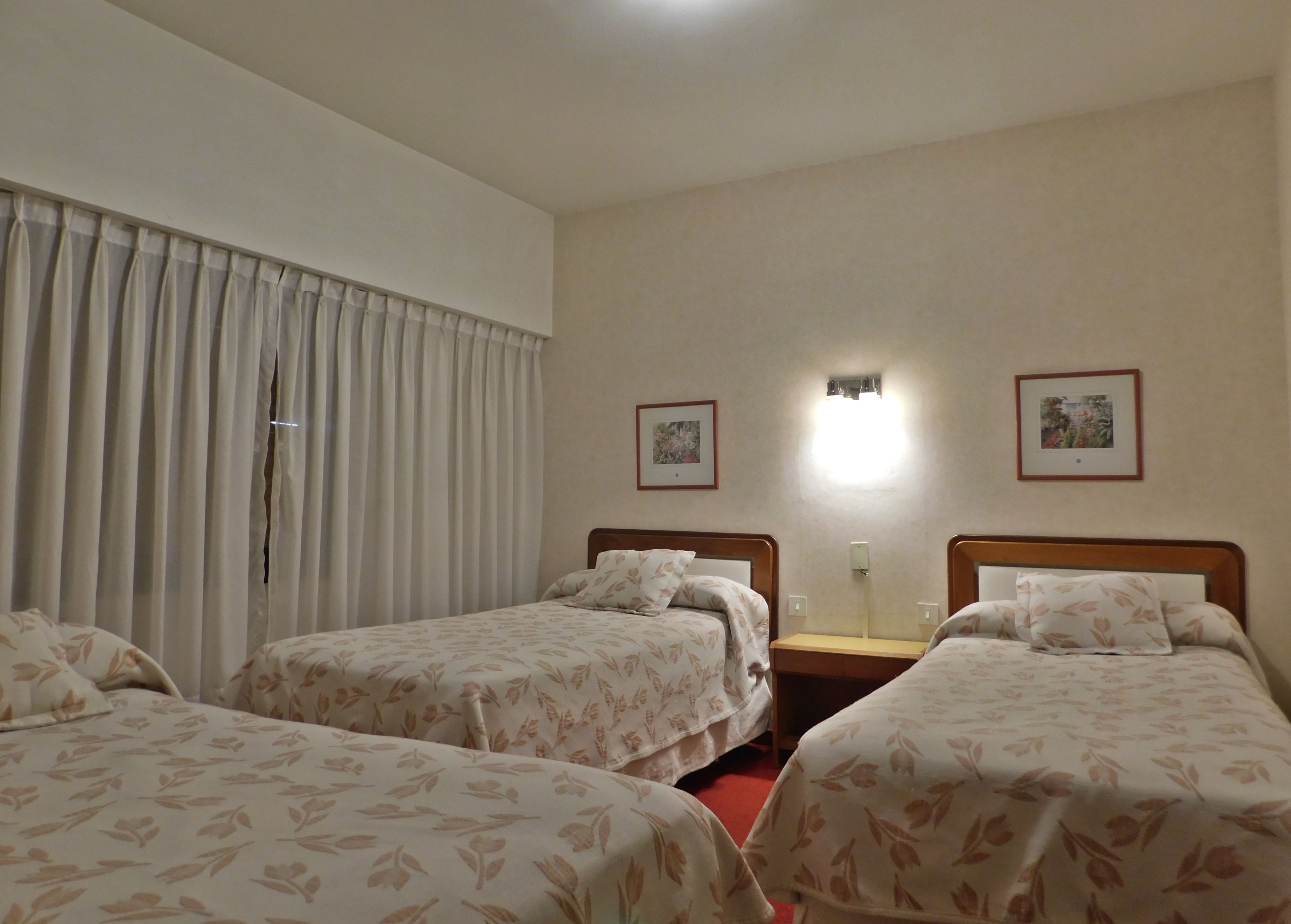 A hotel room with two single beds, a nightstand, a wall-mounted lamp, and two framed pictures.