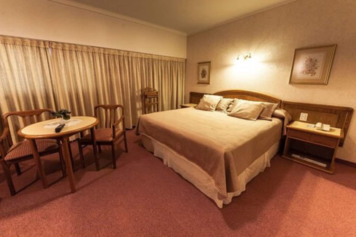A hotel room with a large bed, a bedside table, a chair, and a small round table.