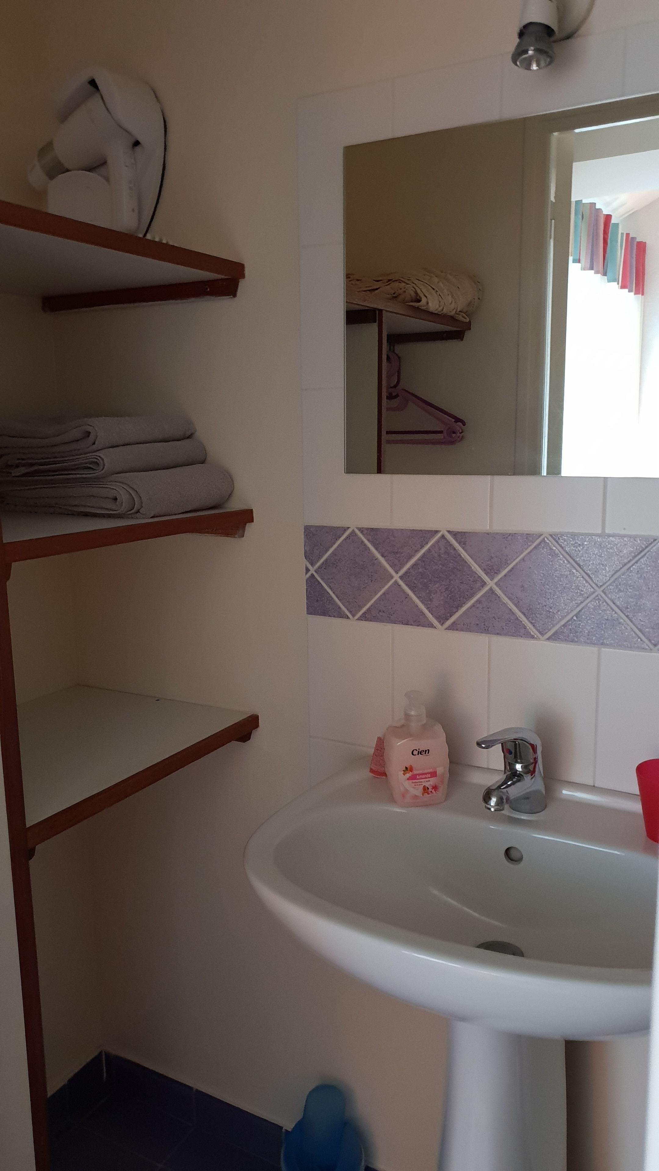 Une salle de bain avec un lavabo blanc, un miroir et un porte-serviettes.