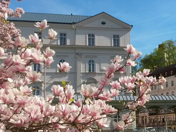 Ein großes, klassizistisches Gebäude mit symmetrischen Fenstern und einem zentralen Giebel.
