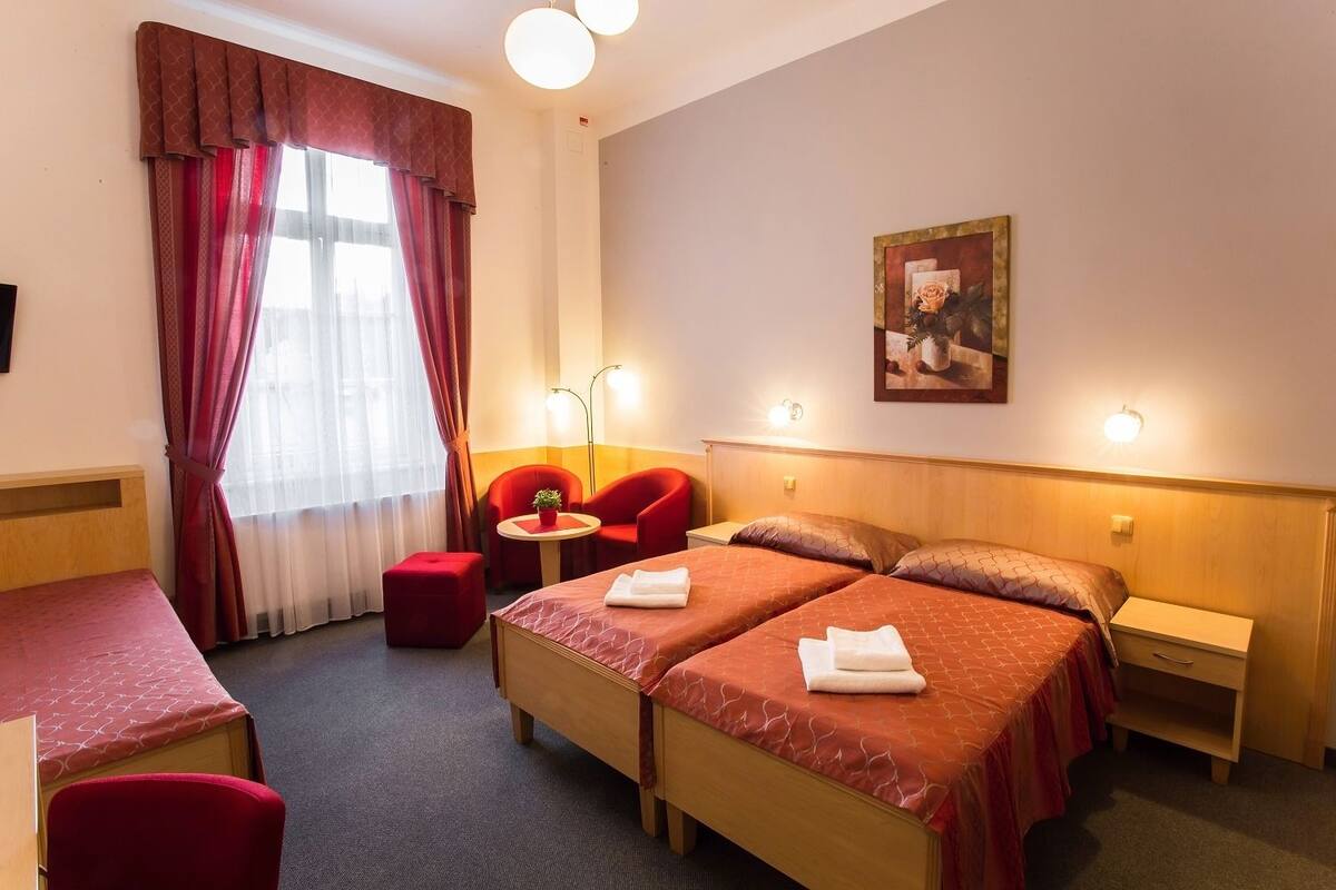 Habitación de hotel con dos camas, un escritorio, una silla, una mesita con una planta y un cuadro en la pared.