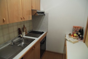 Full-sized fridge, microwave, stovetop, high chair